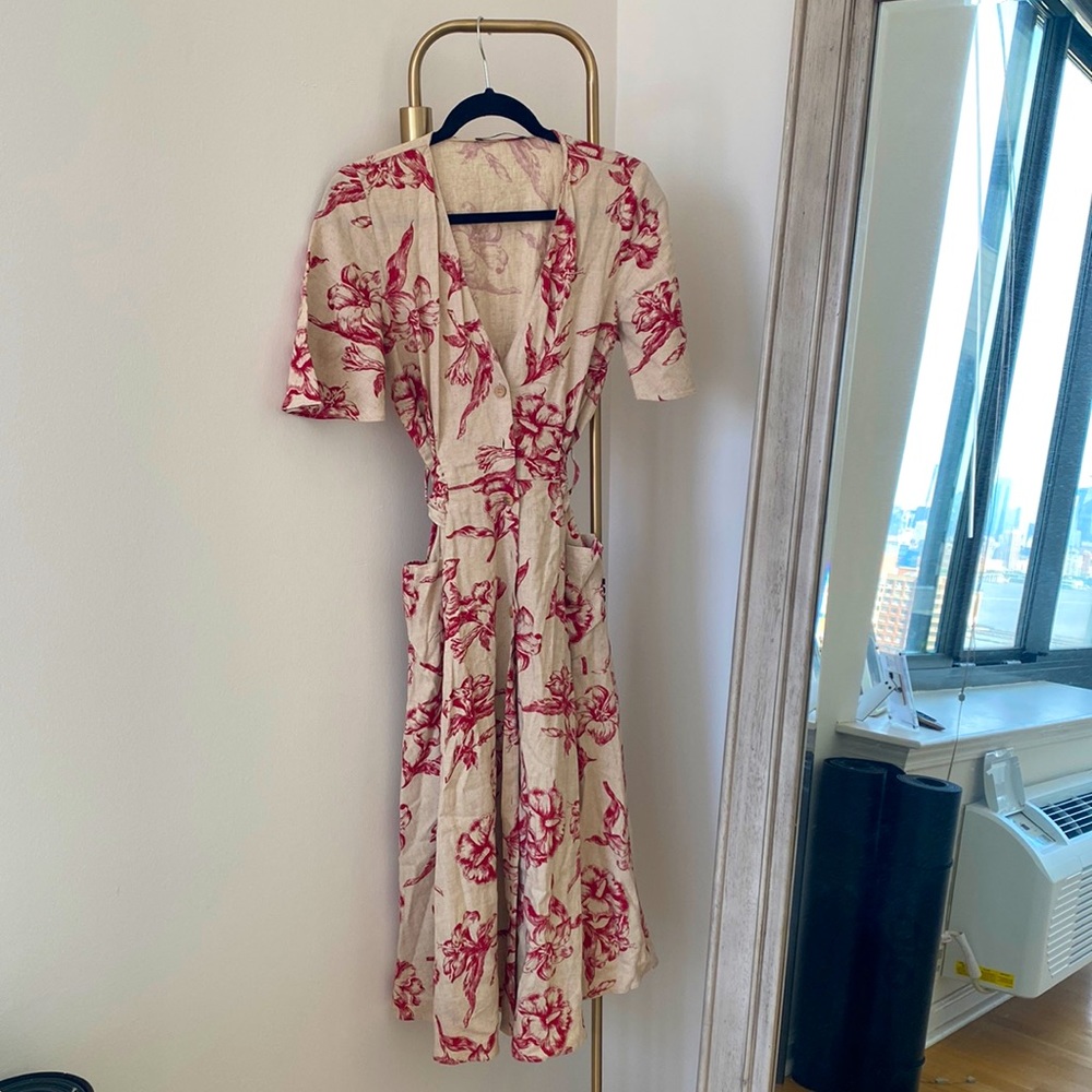 Zara floral print linen button down midi dress